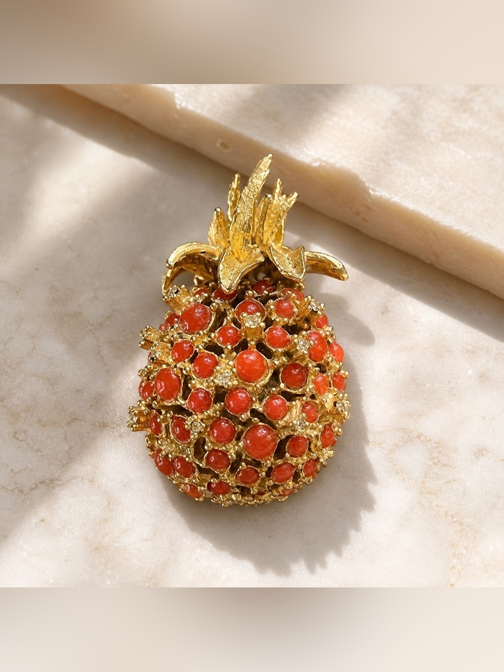 Vintage Alice Caviness Pineapple Brooch Gold Tone Faux Coral Rhinestone Pin
